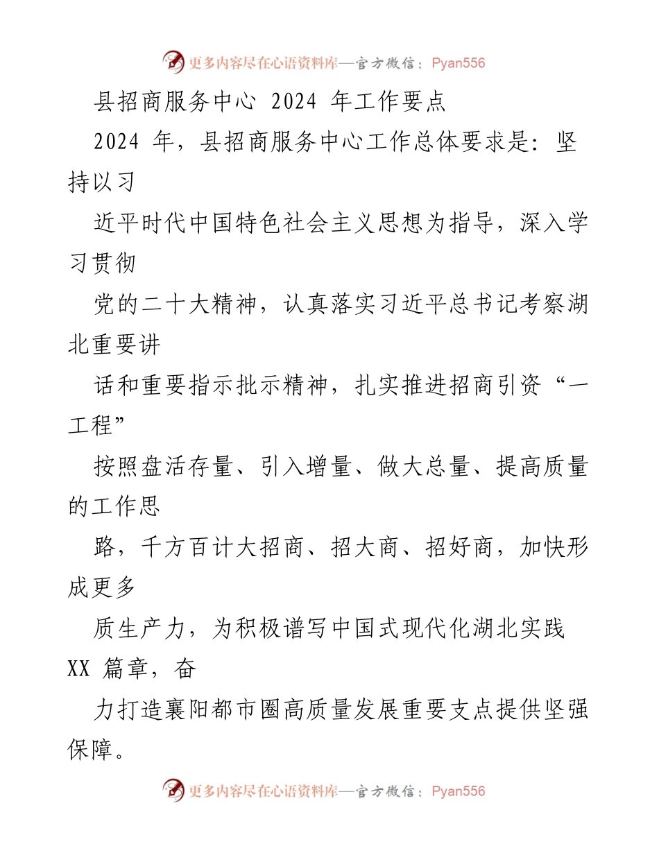 [工作要点] 招商服务中心 - 2024 年县招商服务中心工作要点与发展策略.docx_第1页
