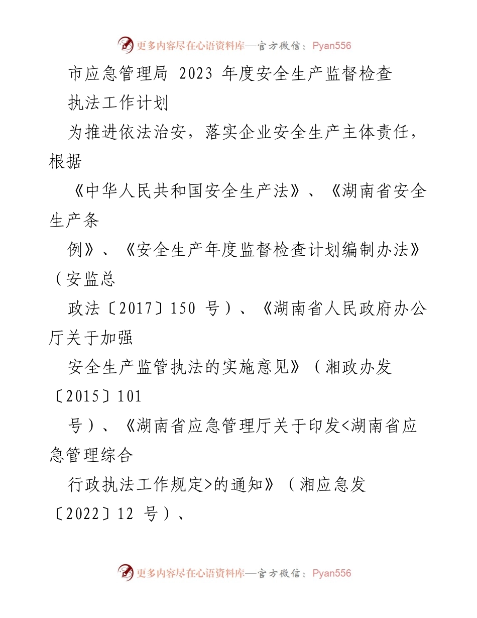 [工作计划] 市应急管理局 - 2023年度安全生产监督检查执法工作计划.docx_第1页