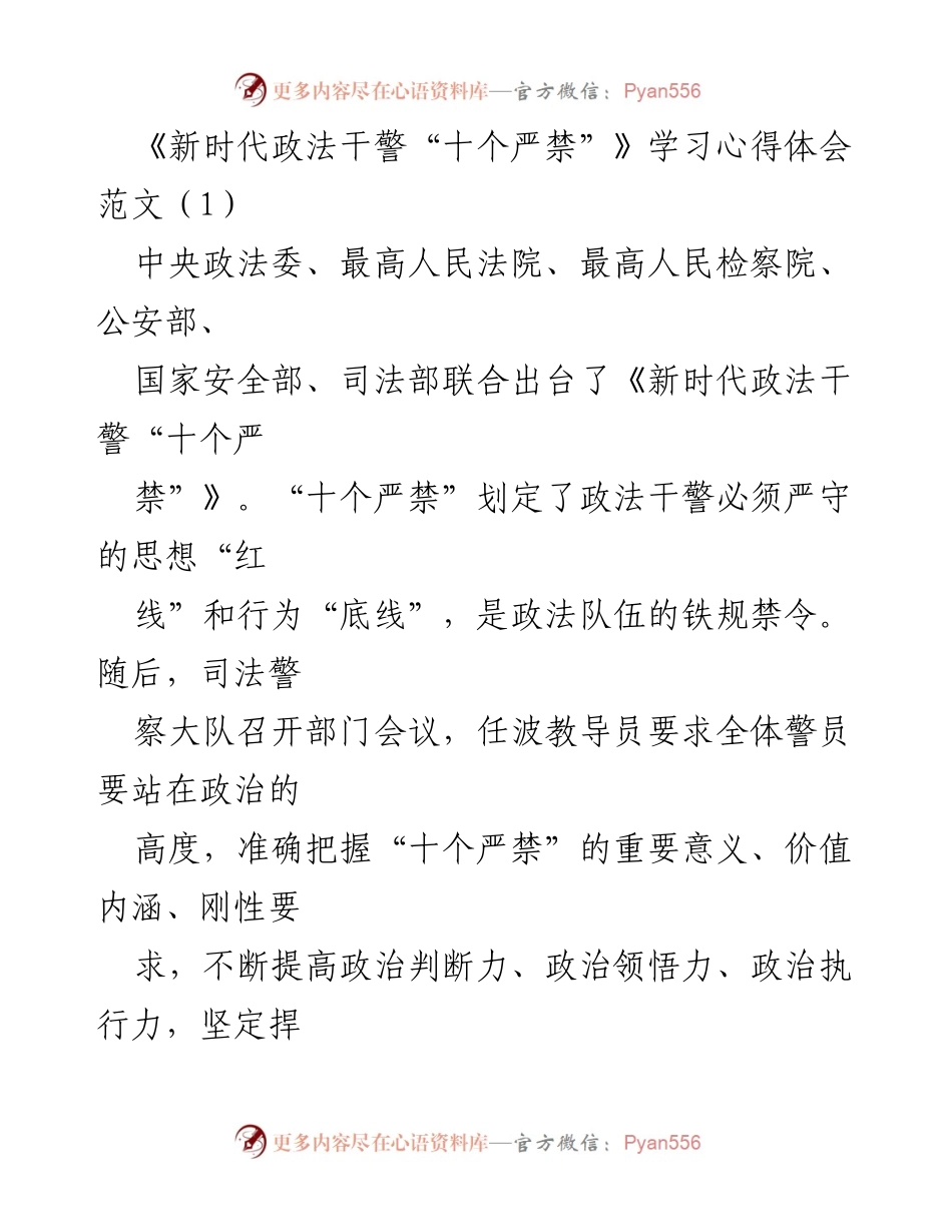 [心得体会] 司法警察部门会议 - 深入学习新时代政法干警“十个严禁”的重要性与实践应用.docx_第1页