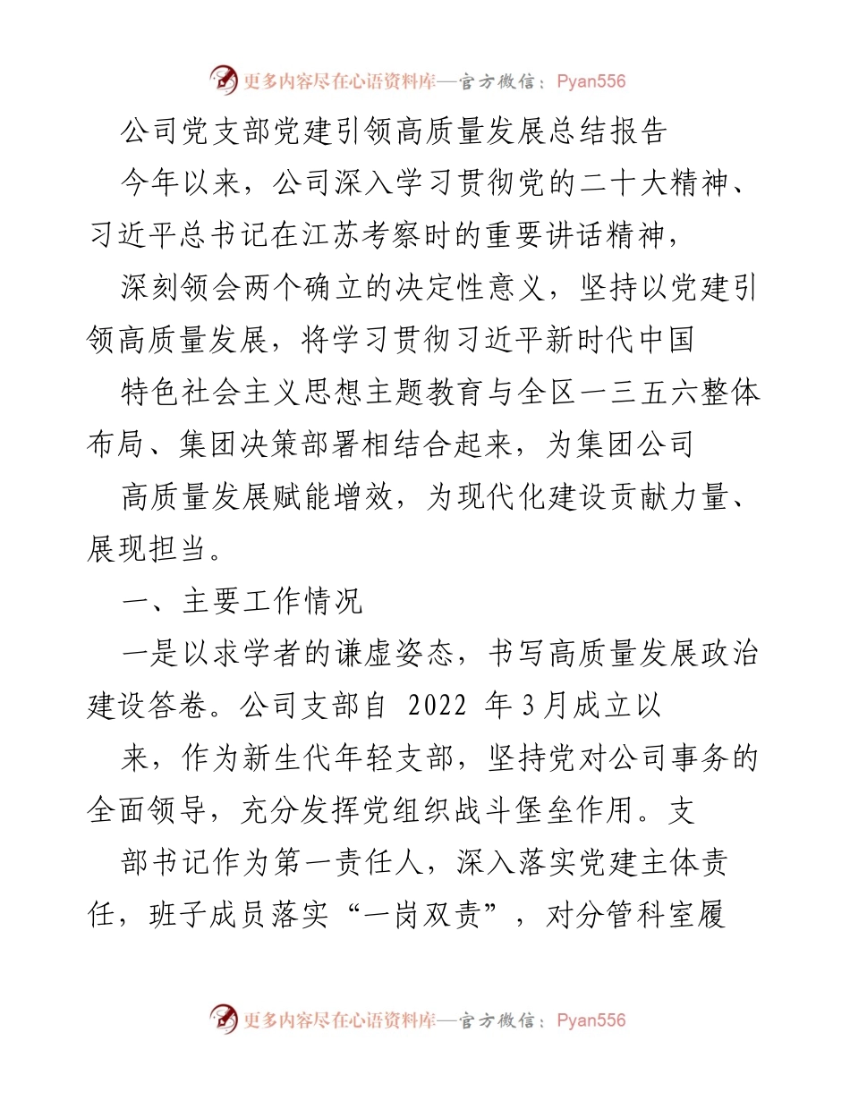 [总结报告] 公司党支部 - 党建引领高质量发展的实践与成效.docx_第1页