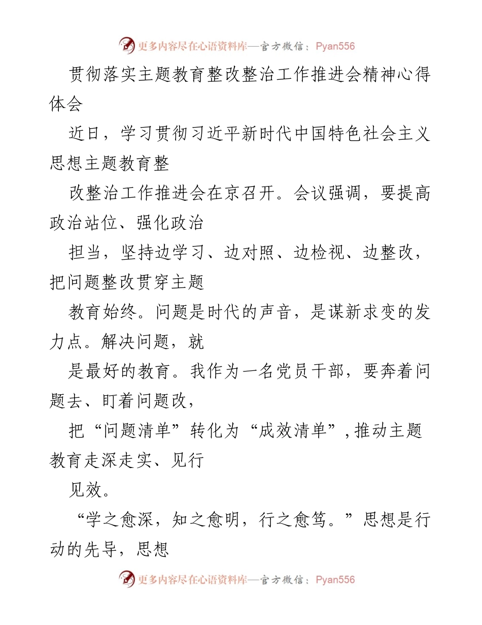 [心得体会] 主题教育整改整治工作推进会 - 深入贯彻主题教育，聚焦问题整改的实践思考.docx_第1页