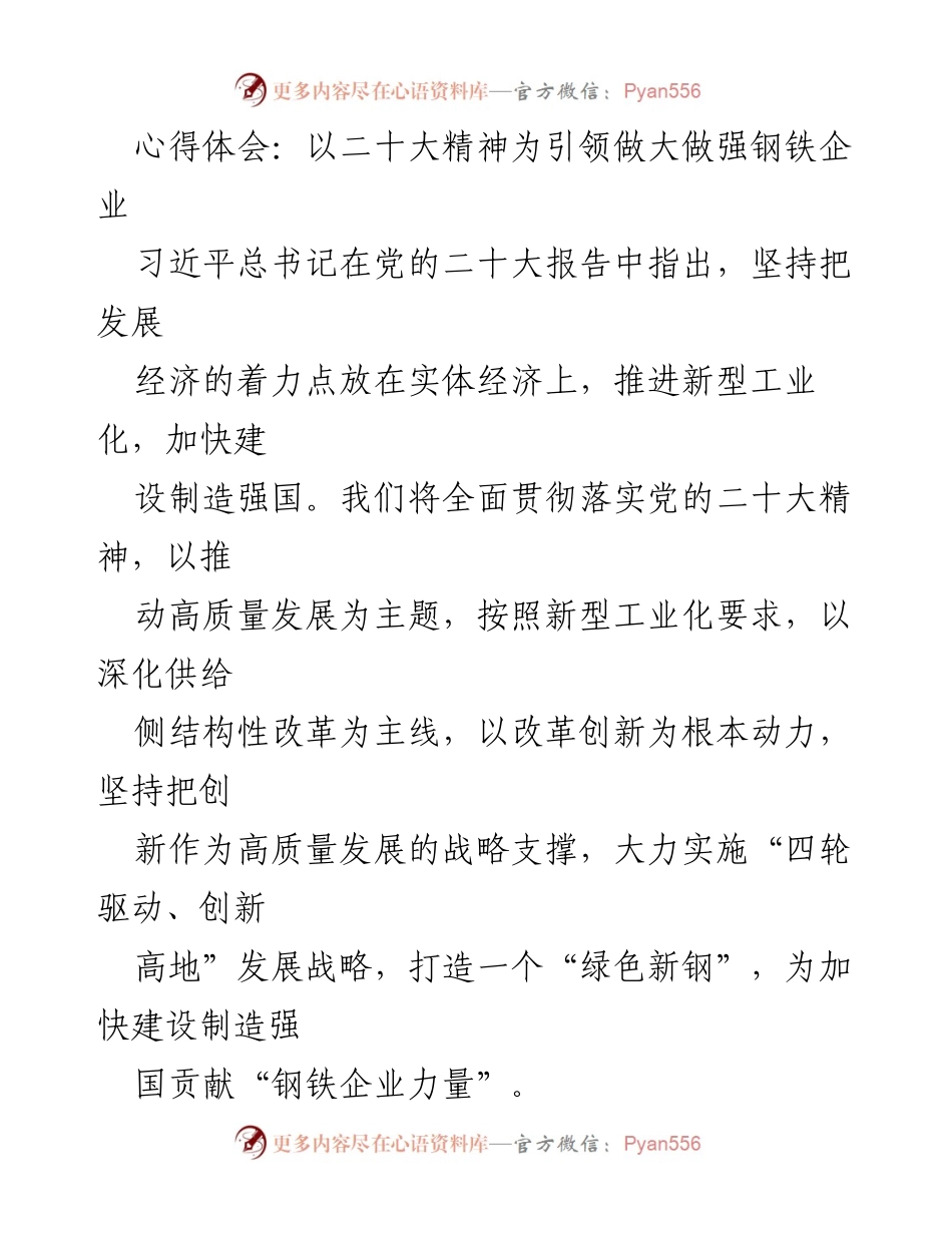 [心得体会] 企业发展研讨会 - 以二十大精神推动钢铁企业高质量发展.docx_第1页