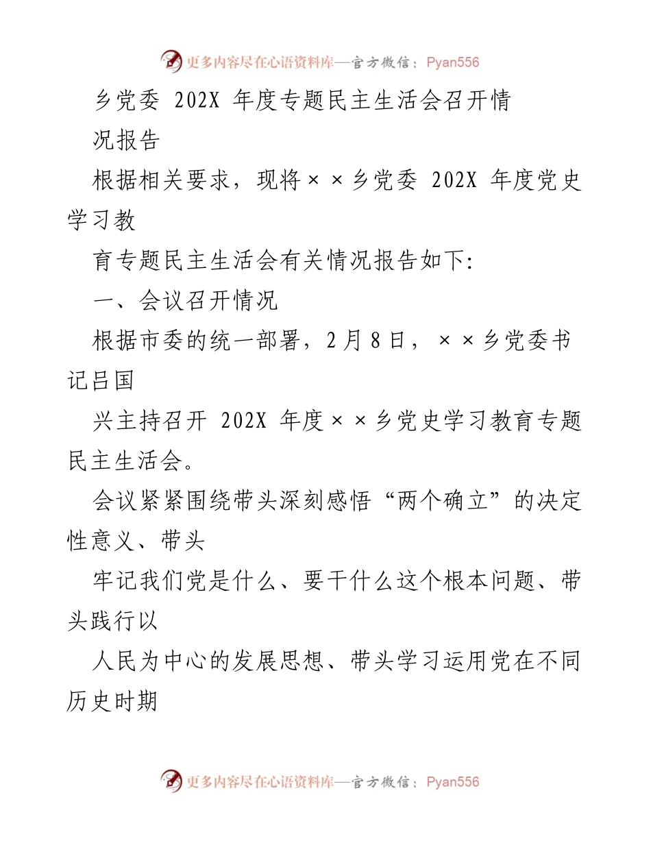 [情况报告] 乡党委年度会议 - 202X年度党史学习教育专题民主生活会情况报告.docx_第1页