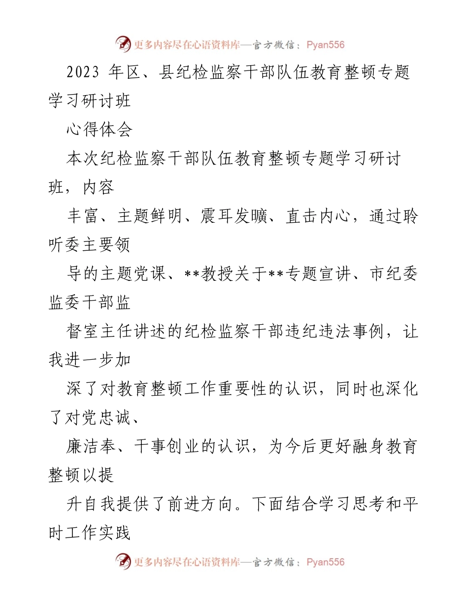 [心得体会] 学习研讨班 - 深化对纪检监察干部教育整顿重要性的认识.docx_第1页