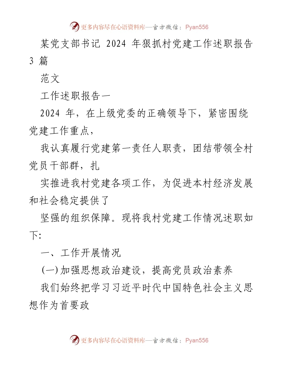 [工作述职报告] 村党建工作 - 2024年某党支部书记党建工作述职报告.docx_第1页