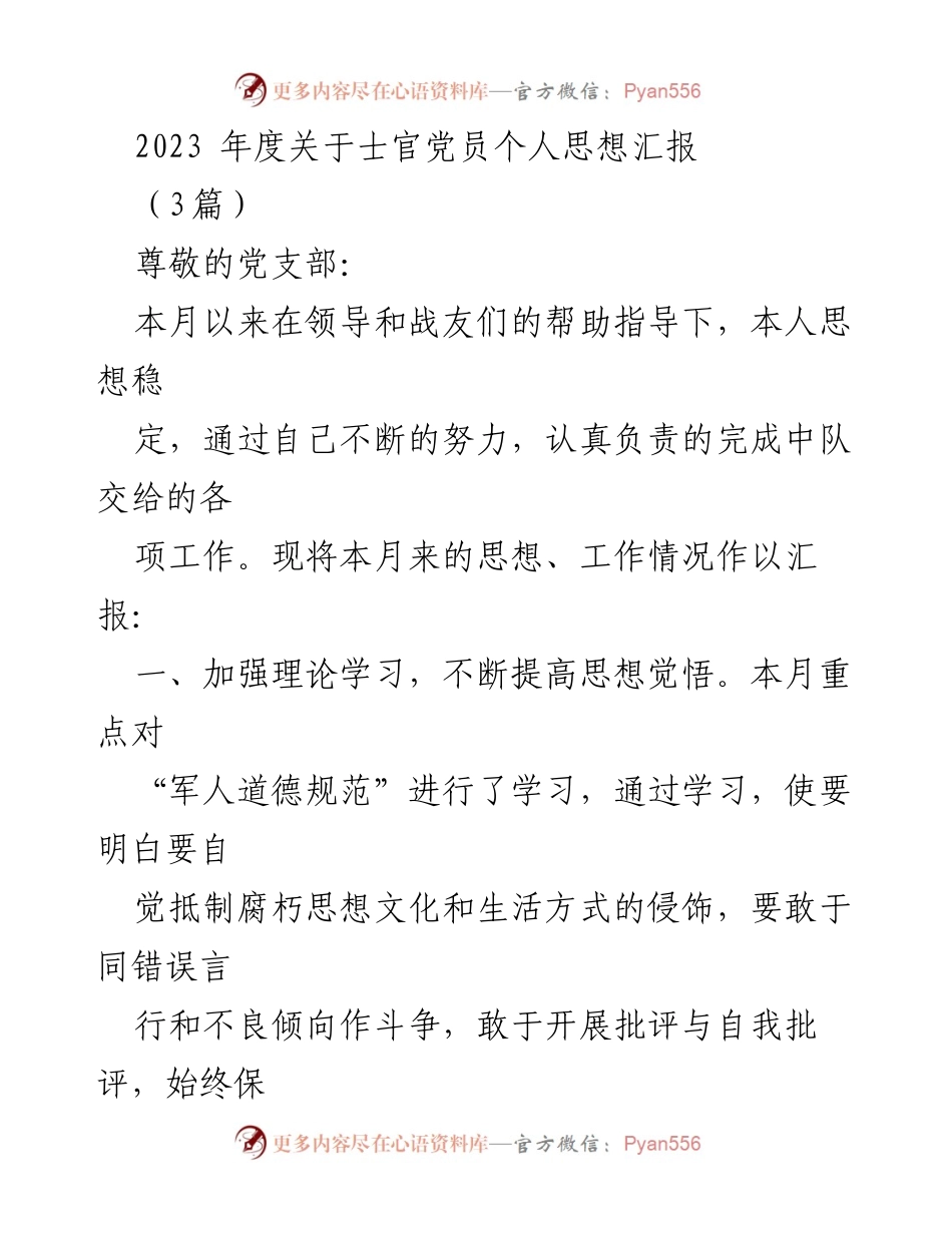 [思想汇报] 党支部会议 - 2023年度士官党员个人思想与工作汇报.docx_第1页