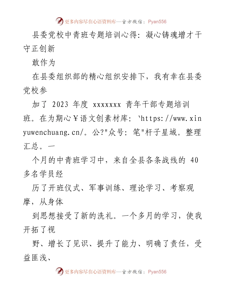 [心得体会] 培训班 - 青年干部培训心得：凝心铸魂、守正创新.docx_第1页