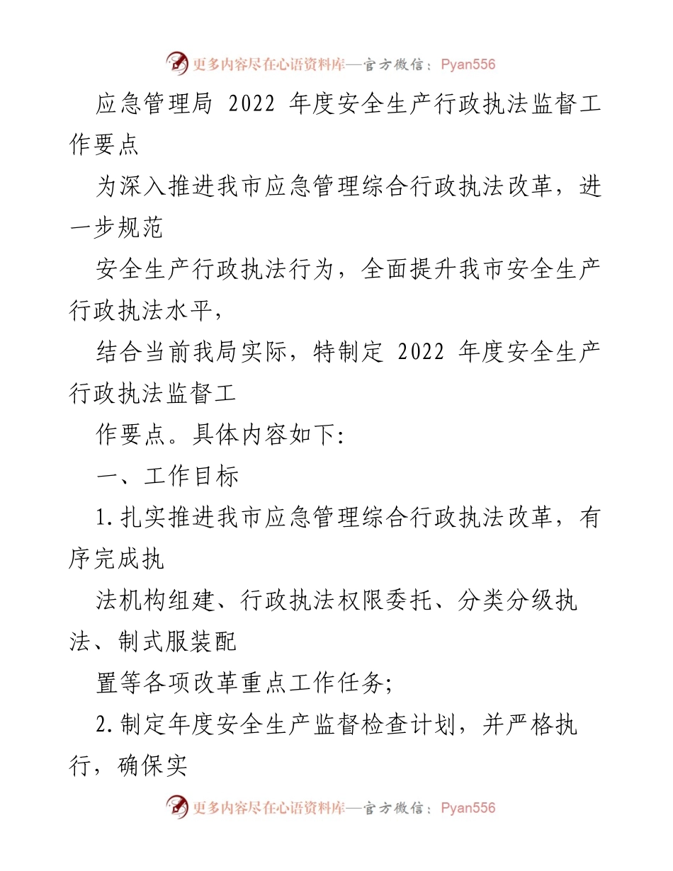 [工作要点] 应急管理局 - 2022年度安全生产行政执法监督工作要点.docx_第1页