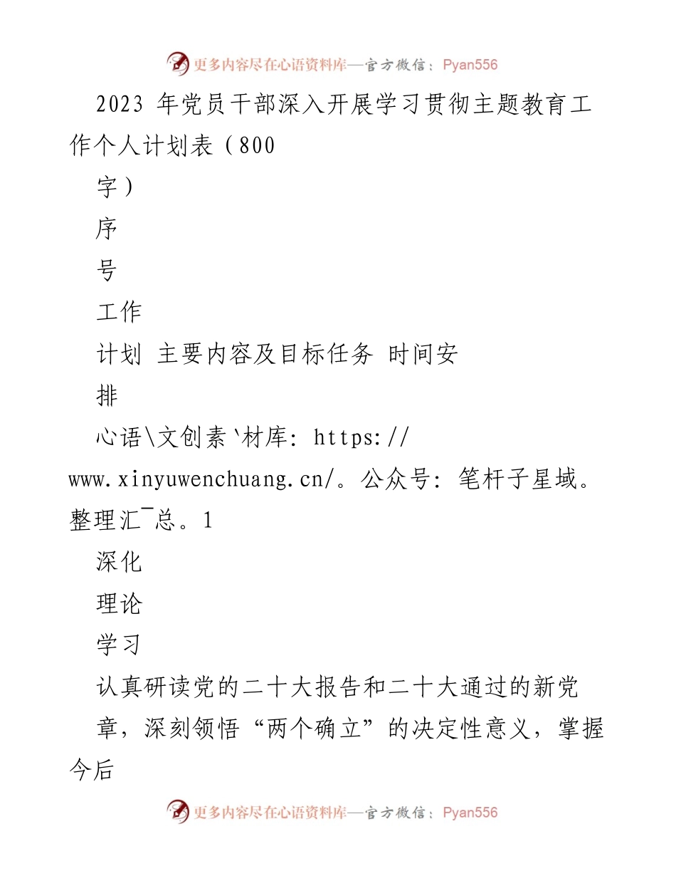 [工作计划] 党员干部学习贯彻主题教育 - 2023年党员干部学习贯彻主题教育工作个人计划表_1.docx_第1页