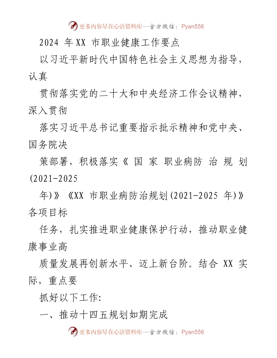 [工作要点] 职业健康工作会议 - 2024年XX市职业健康工作要点.docx_第1页