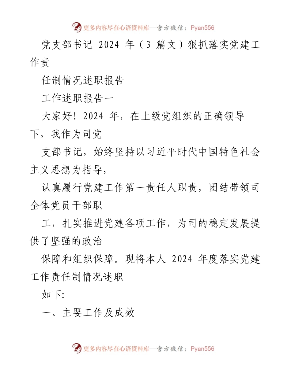 [工作述职报告] 党建工作 - 2024年度党建工作责任制落实情况述职报告.docx_第1页