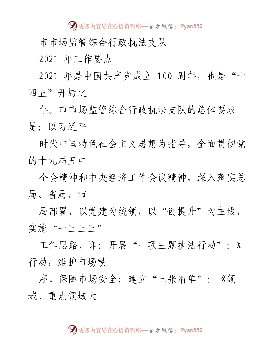 [工作要点] 年度工作会议 - 2021年市市场监管综合行政执法支队工作要点总结.docx_第1页