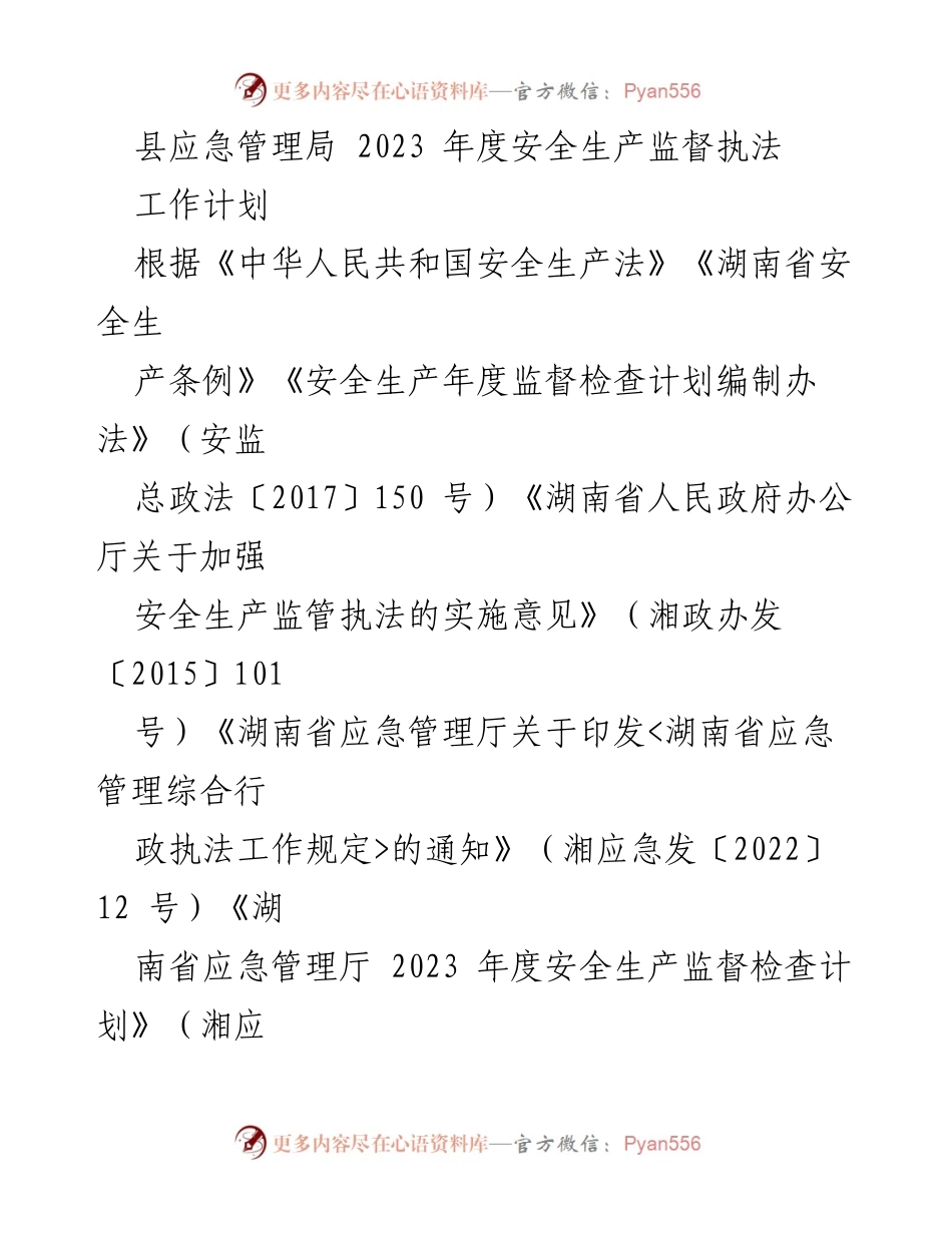 [工作计划] 县应急管理局 - 2023年度安全生产监督执法工作计划.docx_第1页