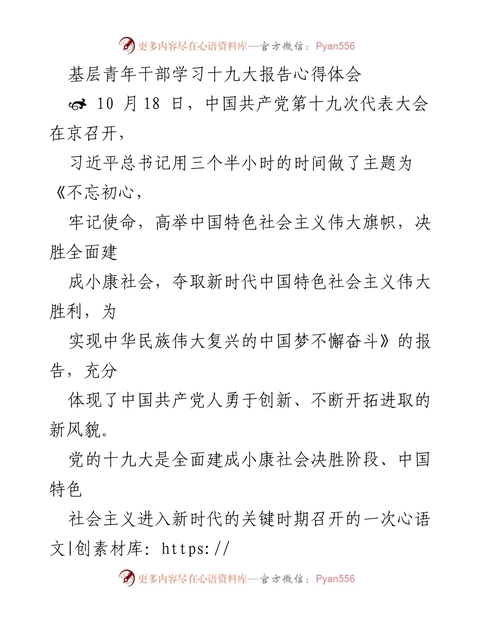[心得体会] 基层青年干部学习十九大报告 - 青年干部在新时代的使命与担当.docx_第1页