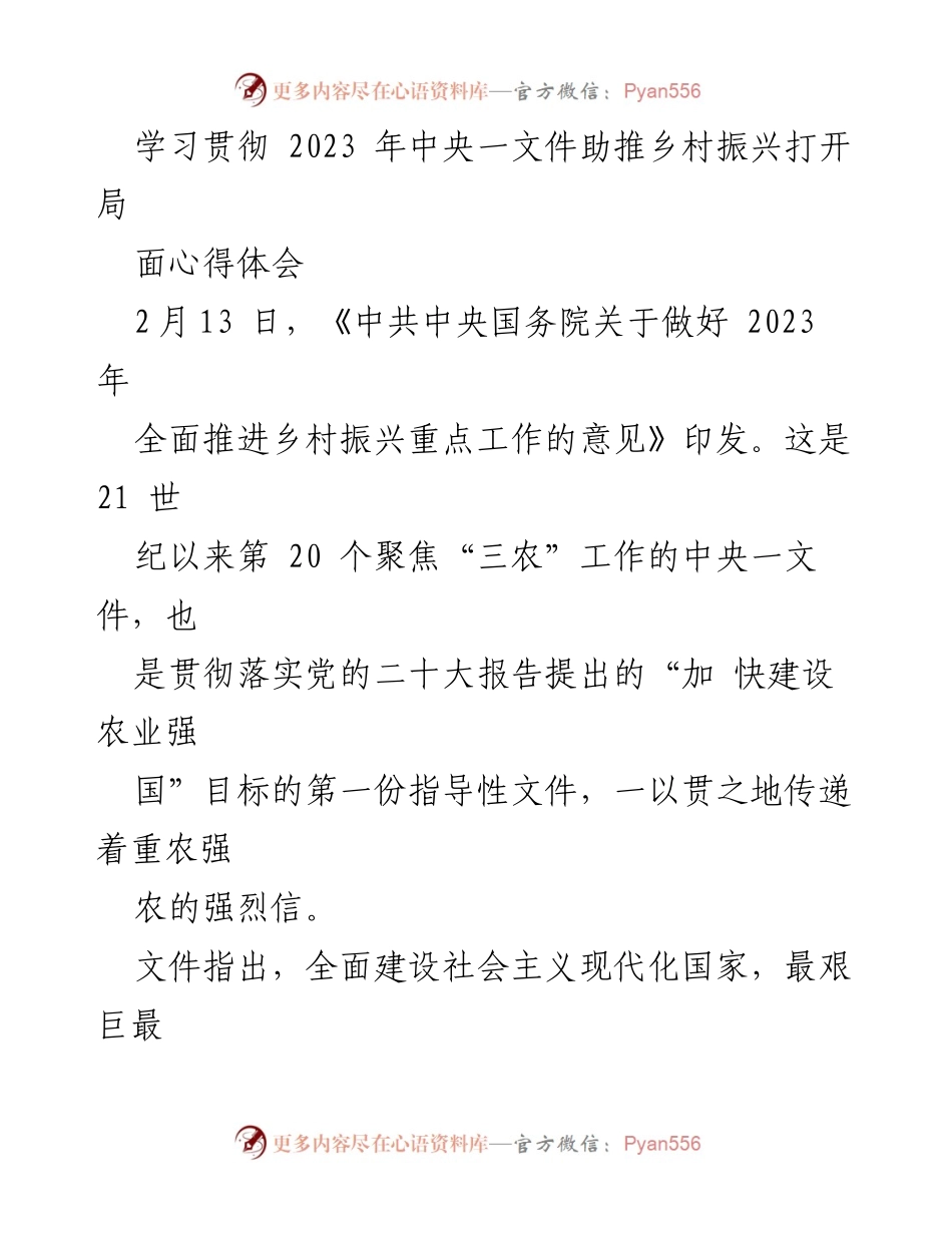 [心得体会] 乡村振兴 - 学习贯彻2023年中央一文件助推乡村振兴的实践与思考.docx_第1页