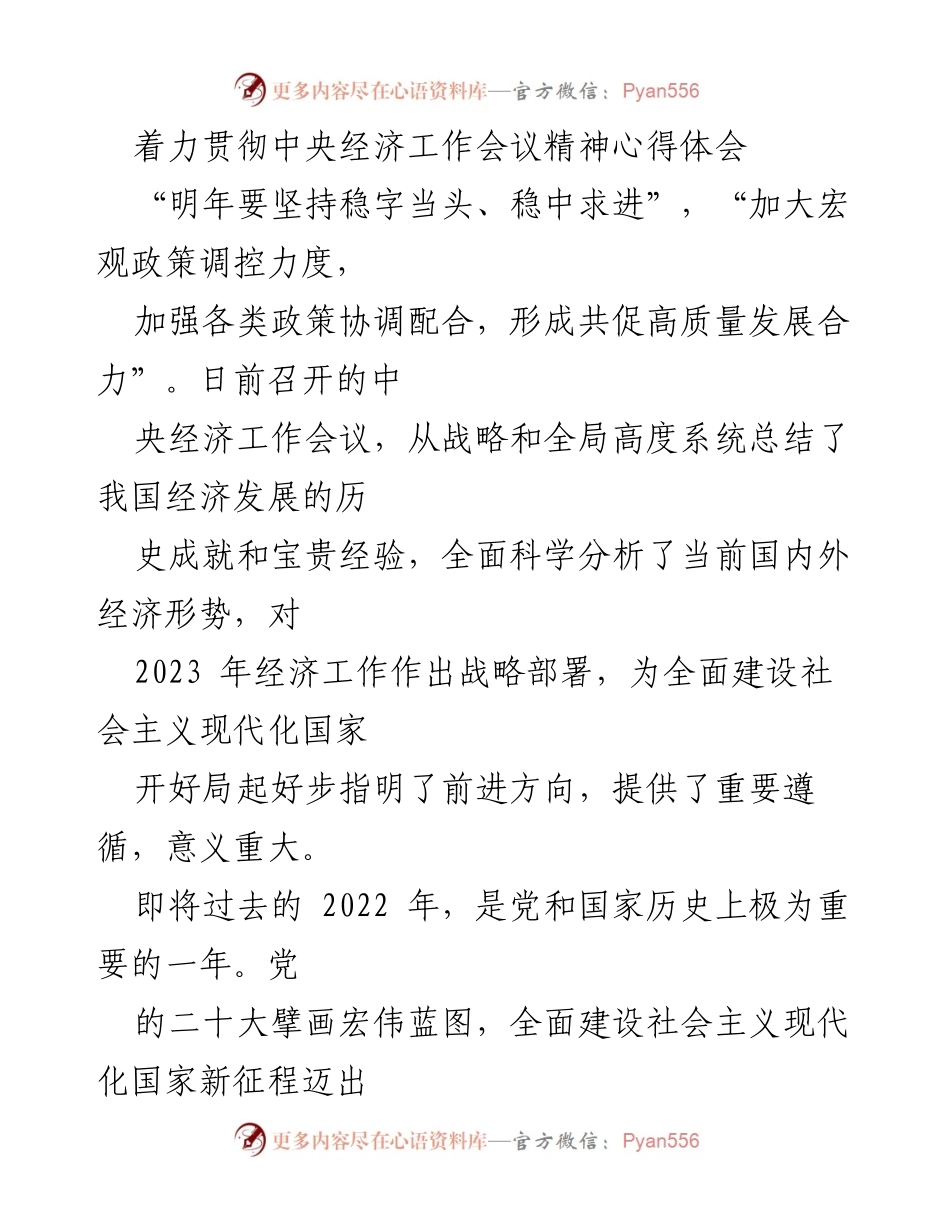 [心得体会] 经济工作会议 - 深入贯彻中央经济工作会议精神的体会与展望.docx_第1页