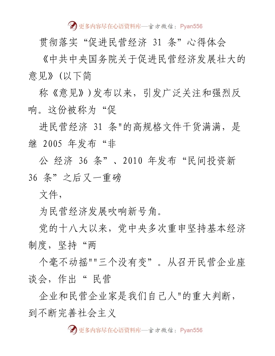 [心得体会] 民营经济发展 - 贯彻落实“促进民营经济 31 条”的重要性与实践建议.docx_第1页