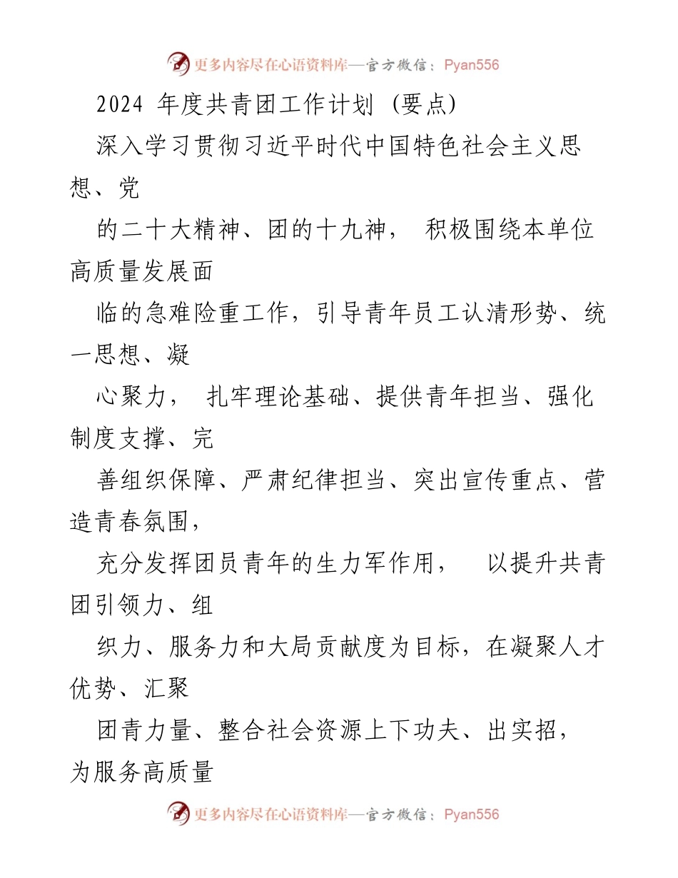 [工作计划] 共青团年度工作 - 2024年度共青团工作计划要点.docx_第1页