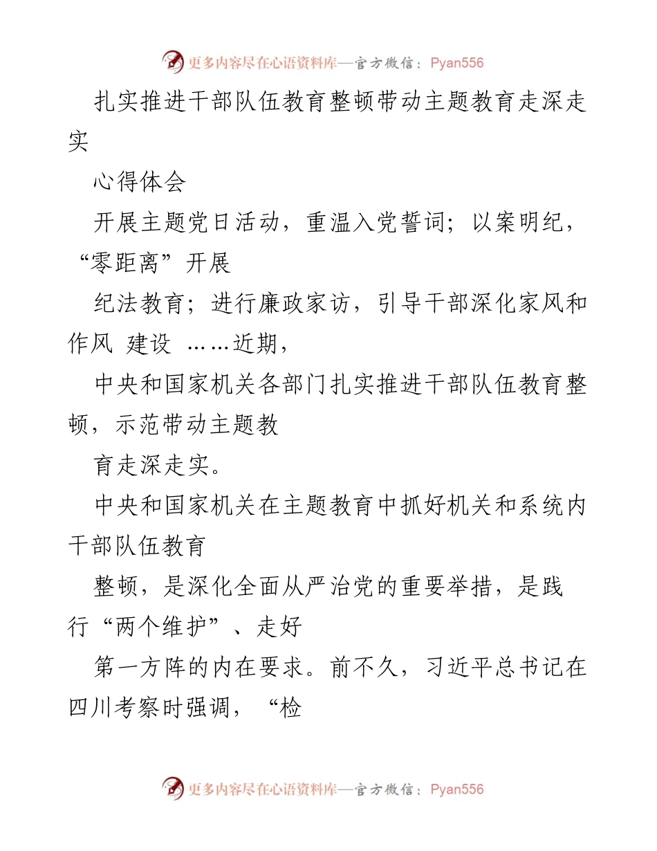 [心得体会] 主题教育活动 - 扎实推进干部队伍教育整顿，确保主题教育深入实施.docx_第1页