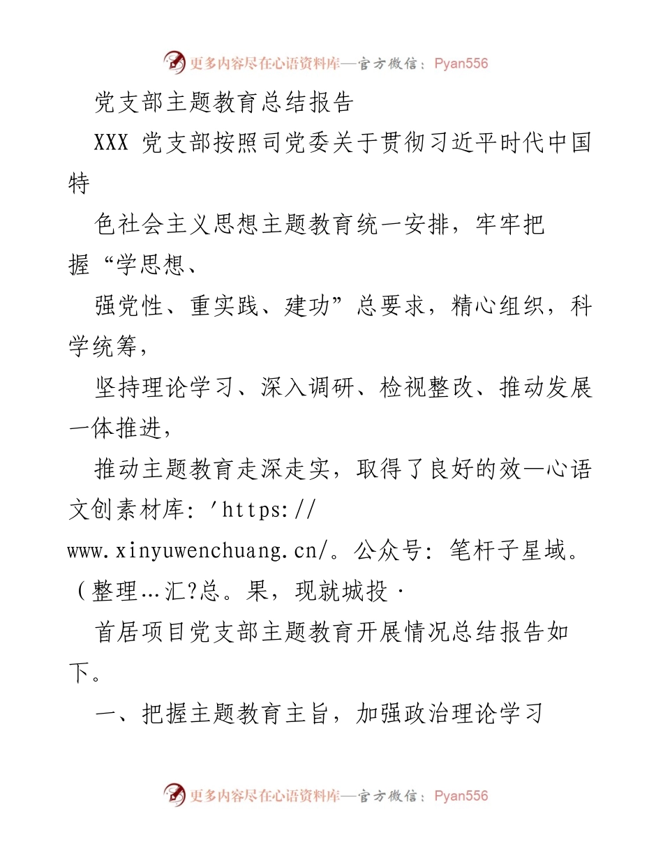 [总结报告] 党支部主题教育 - 城投·首居项目党支部主题教育总结报告_1.docx_第1页