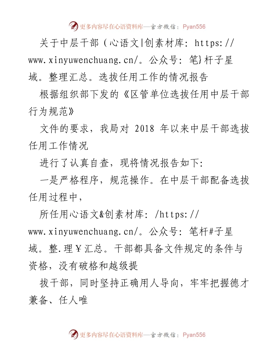 [情况报告] 中层干部选拔任用工作 - 中层干部选拔任用工作自查与改进建议.docx_第1页