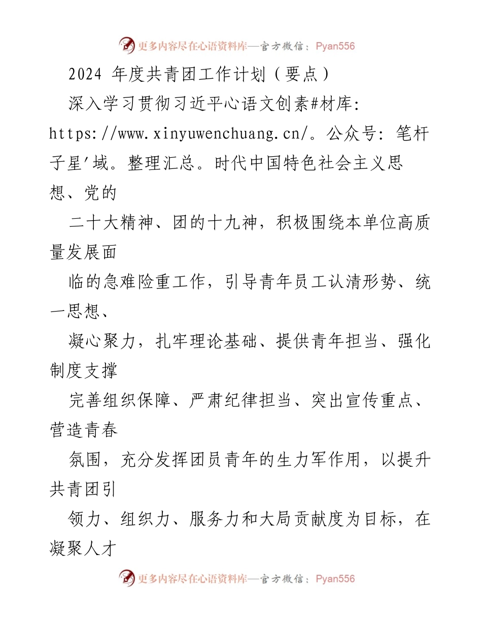 [工作计划] 共青团年度会议 - 2024年度共青团工作计划要点总结.docx_第1页