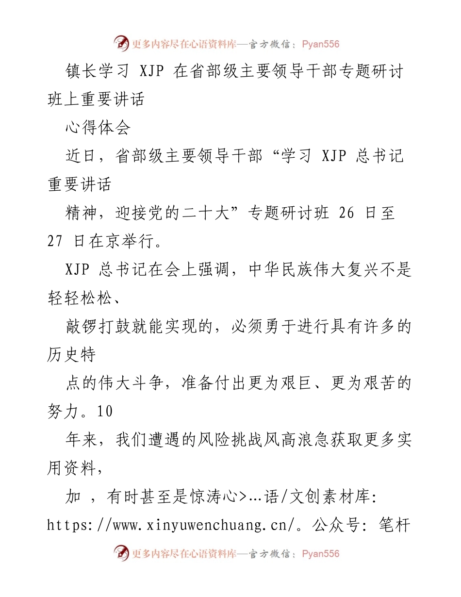 [心得体会] 研讨班 - 镇长学习总书记讲话精神的体会与实践措施.docx_第1页