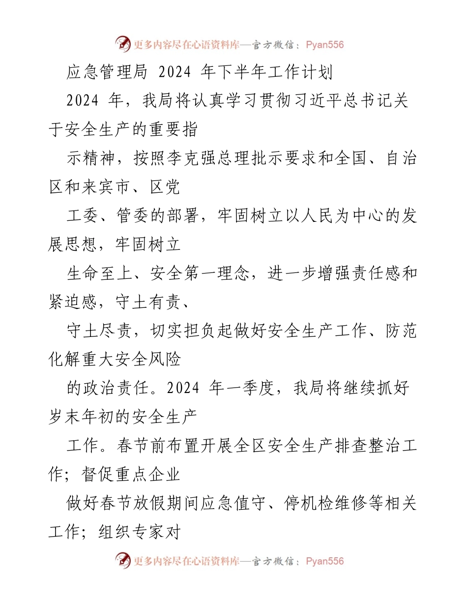 [工作计划] 应急管理局 - 2024年下半年安全生产工作计划.docx_第1页