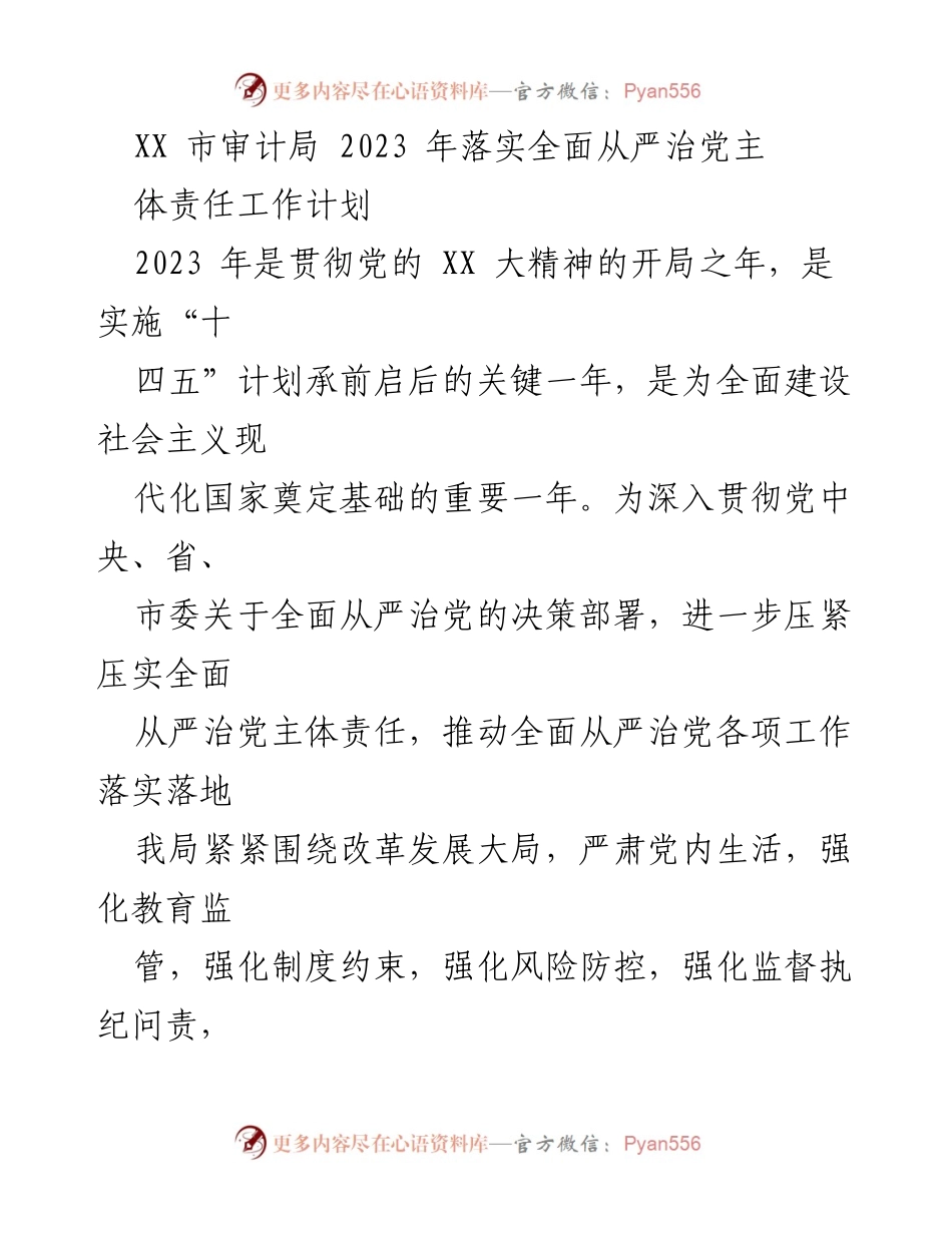 [工作计划] 审计局 - 2023 年全面从严治党主体责任落实工作计划.docx_第1页