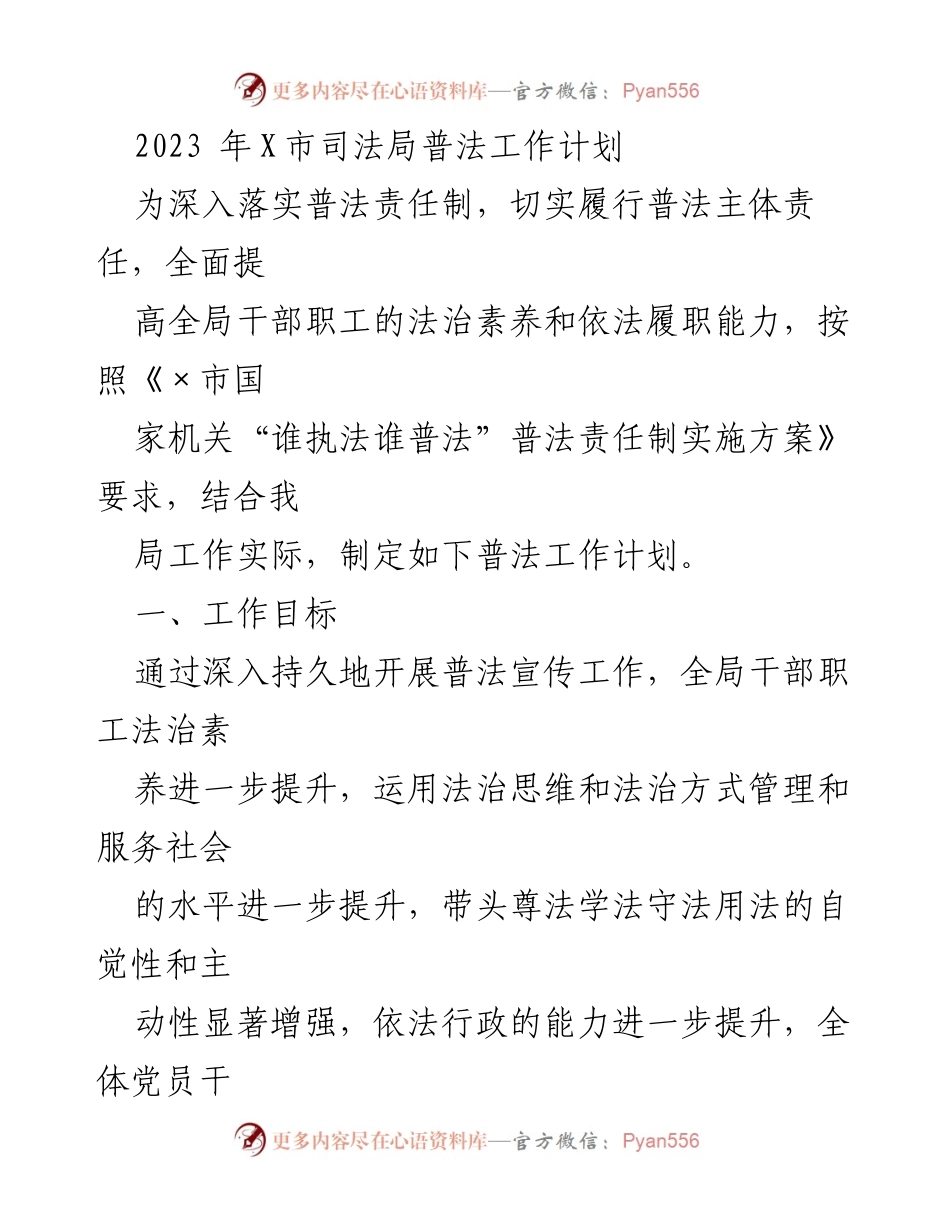 [工作计划] 司法局 - 2023年X市司法局普法工作计划.docx_第1页