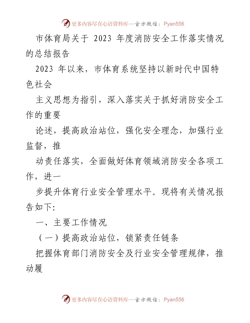 [总结报告] 市体育局 - 2023年度消防安全工作落实情况总结.docx_第1页