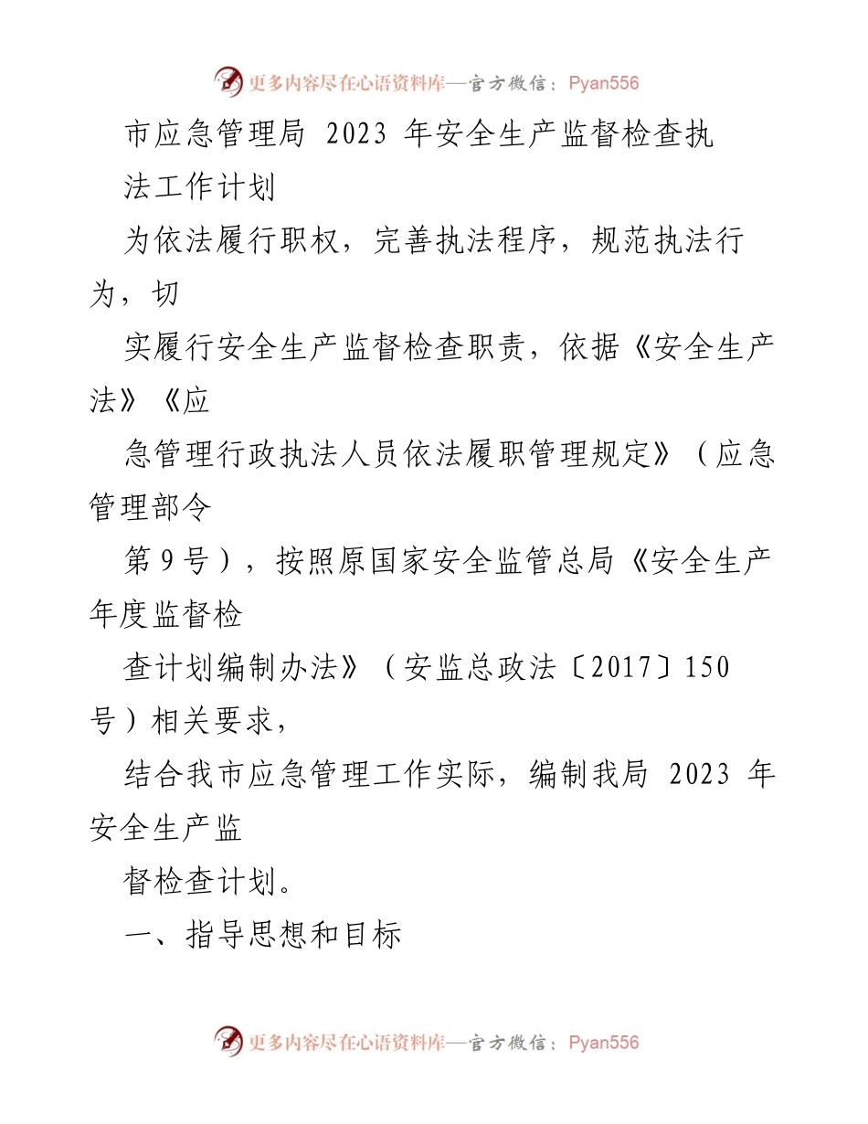 [工作计划] 安全生产监督检查 - 2023年市应急管理局安全生产监督检查执法工作计划.docx_第1页