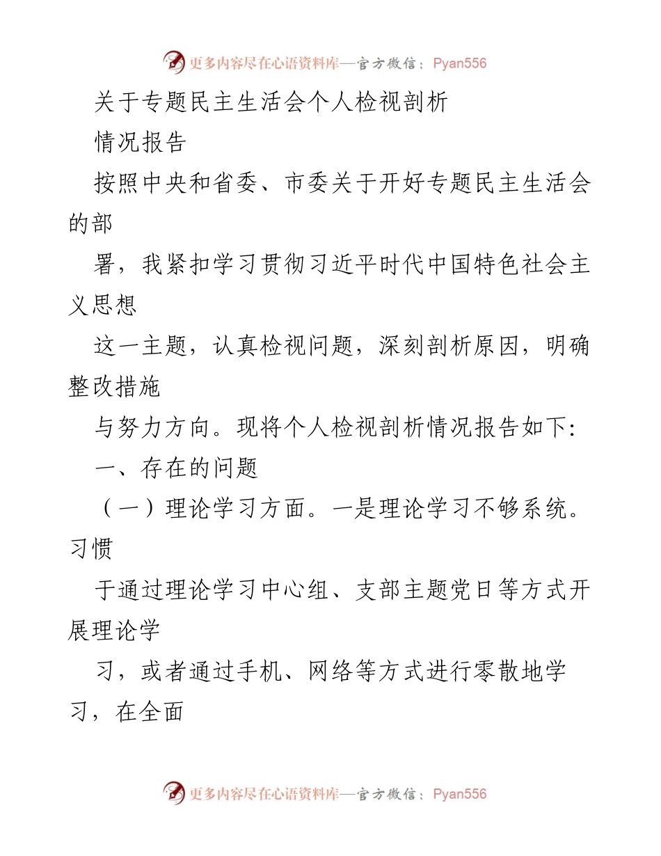 [情况报告] 专题民主生活会 - 个人检视剖析情况报告.docx_第1页