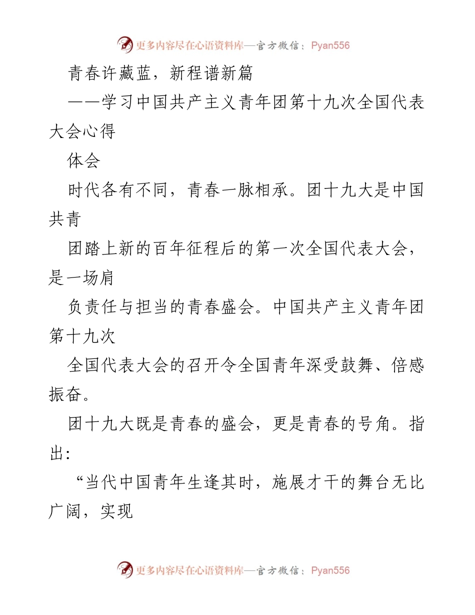 [心得体会] 青年团体大会 - 青春使命：共青团十九大心得体会.docx_第1页