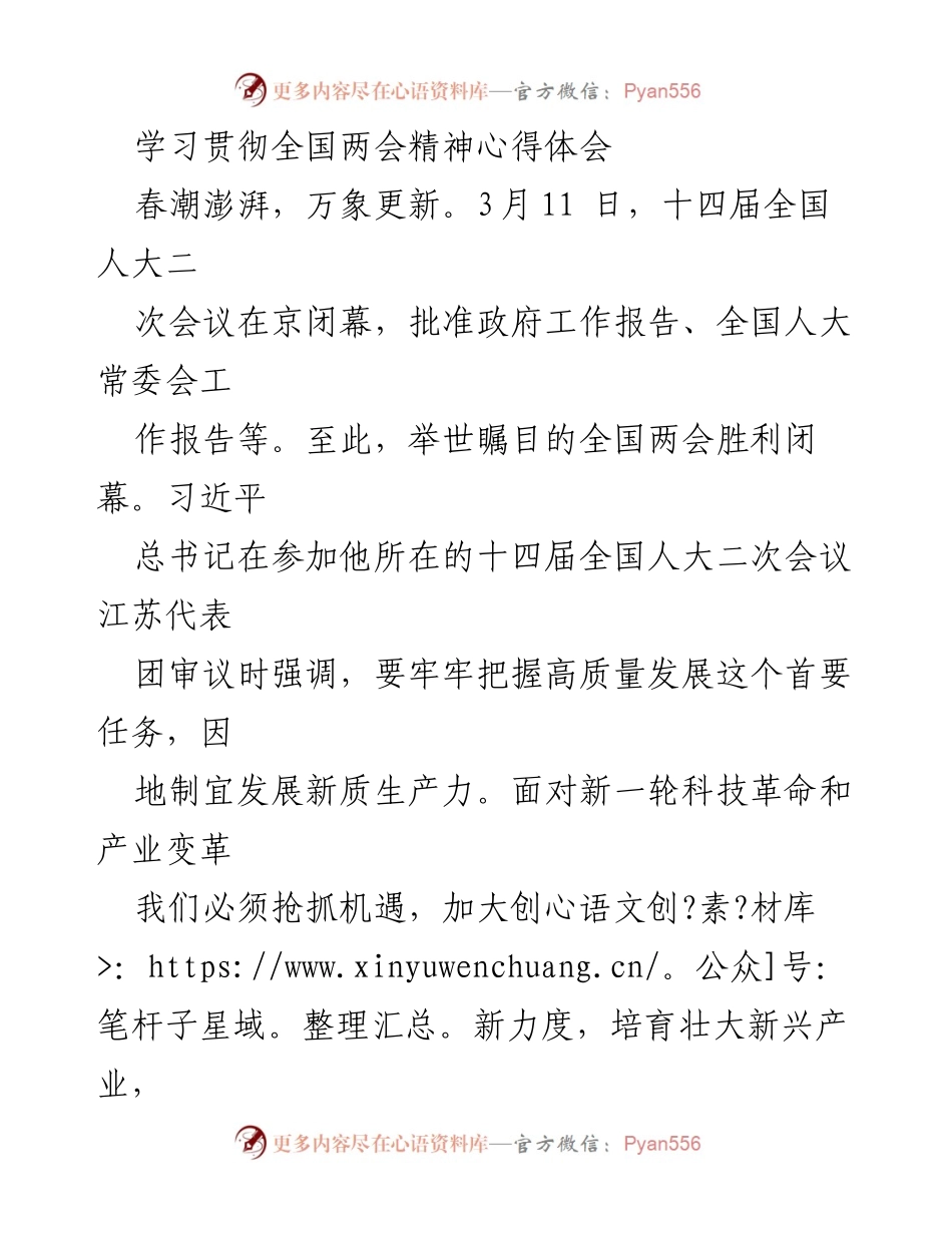 [心得体会] 全国两会 - 深入学习全国两会精神，推动新质生产力发展.docx_第1页