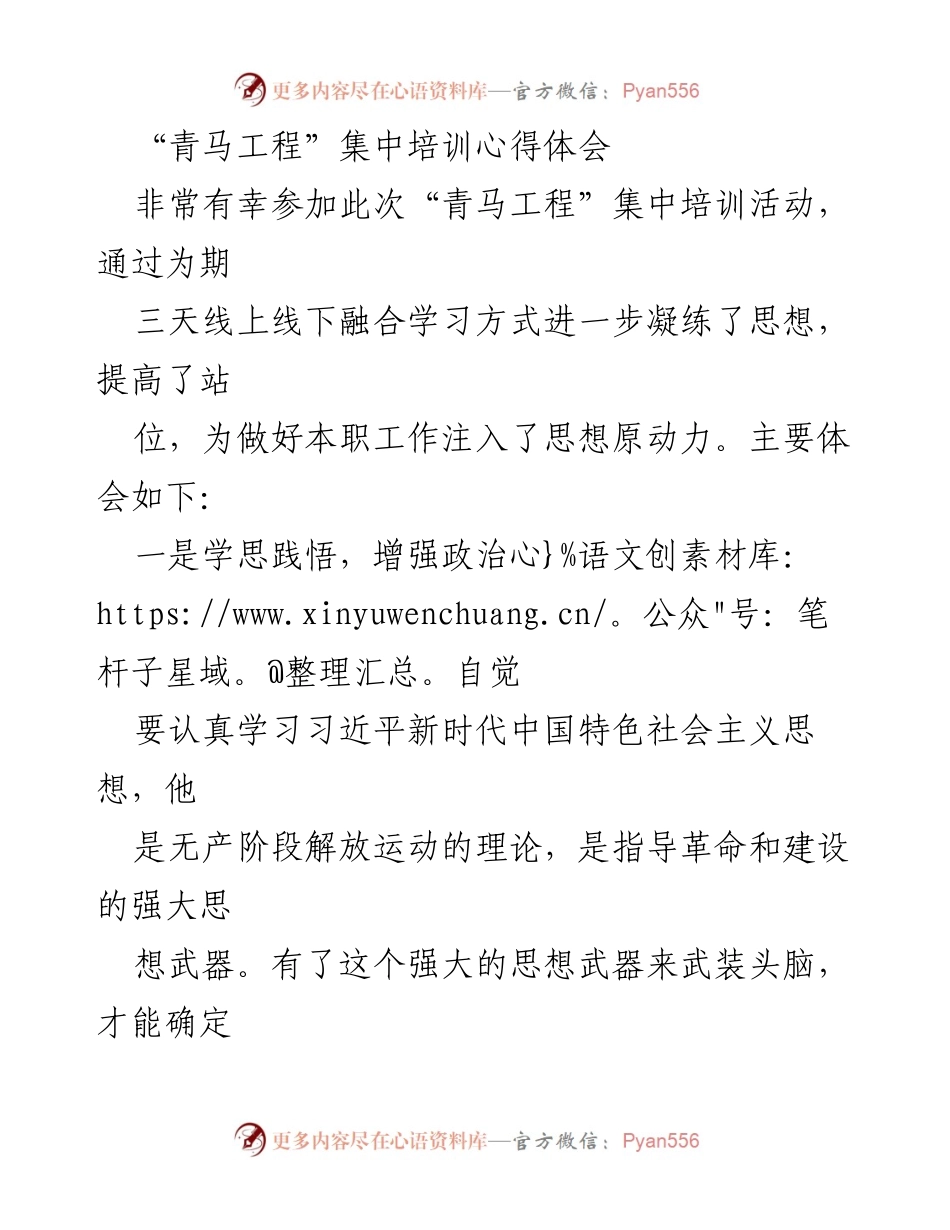 [心得体会] 青马工程培训 - 青年干部培训心得体会：提升自我，服务新时代.docx_第1页