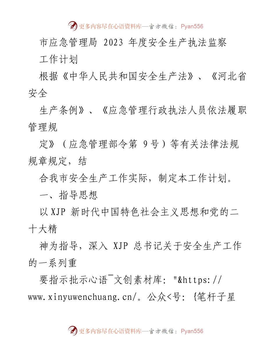 [工作计划] 市应急管理局 - 2023年度安全生产执法监察工作计划.docx_第1页