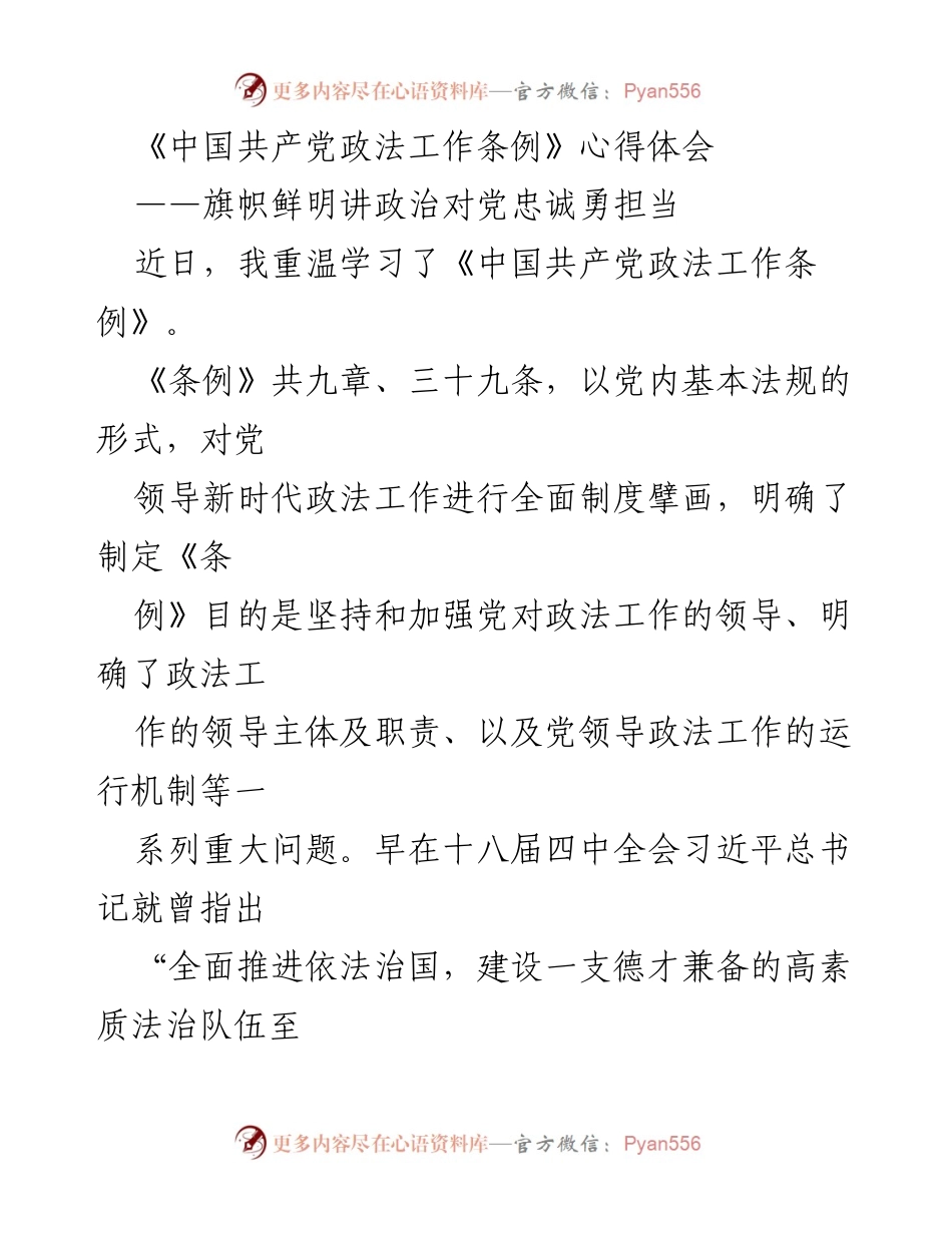 [心得体会] 学习交流 - 坚决维护党的绝对领导，推动新时代政法工作发展.docx_第1页