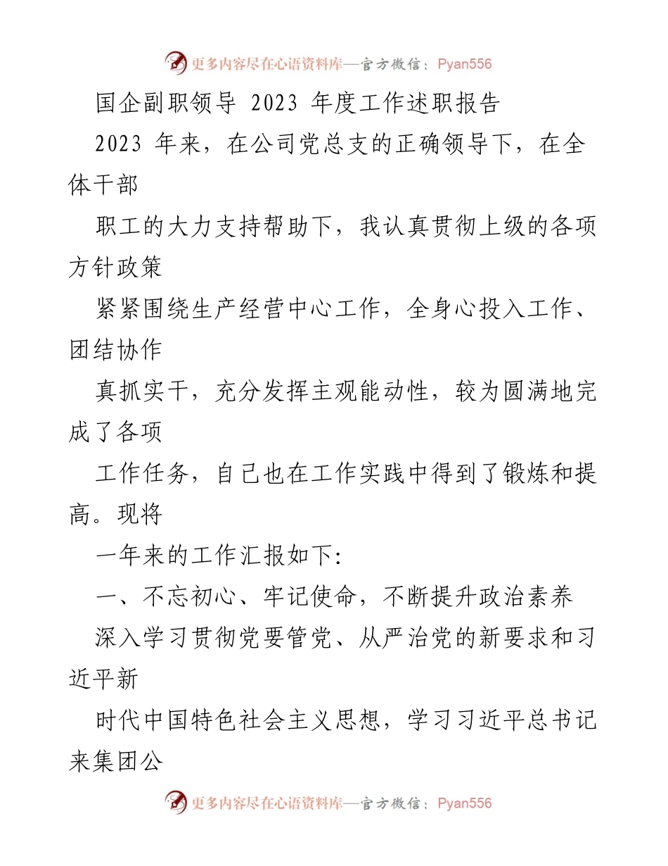 [工作述职报告] 国企副职领导 - 2023年度工作述职总结与反思.docx_第1页