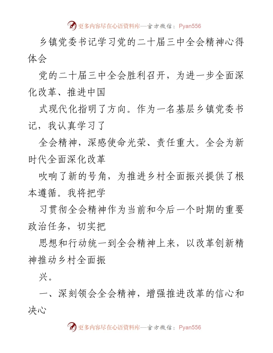 [心得体会] 乡镇党委书记学习党的二十届三中全会精神 - 深化改革、推动乡村振兴的责任与使命.docx_第1页