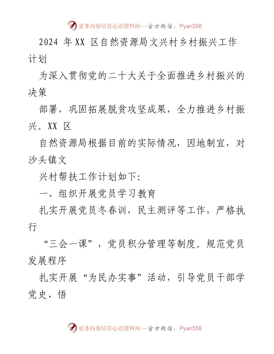 [工作计划] 乡村振兴 - XX区自然资源局文兴村乡村振兴工作计划2024.docx_第1页