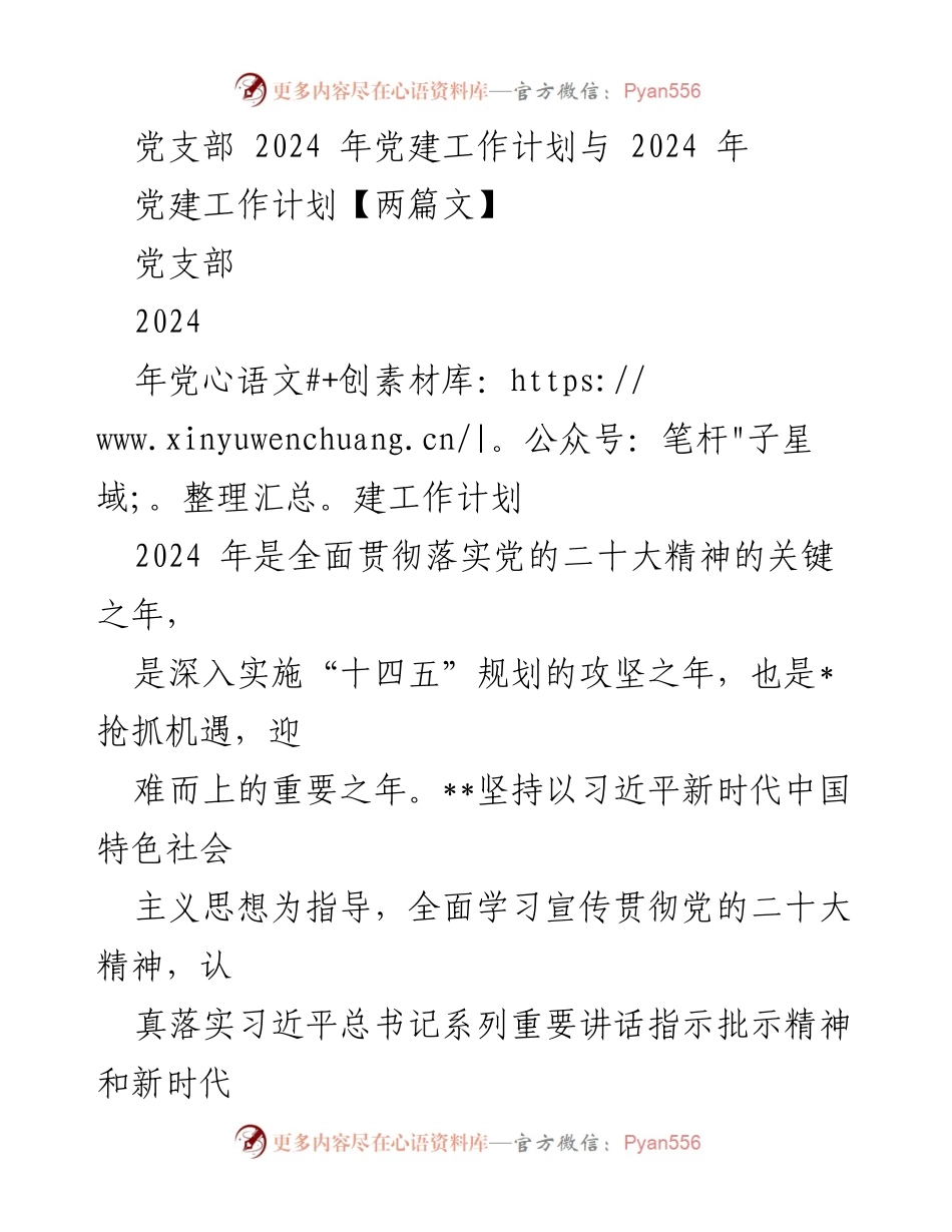[工作计划] 党建工作会议 - 2024年度党支部党建工作计划概述.docx_第1页