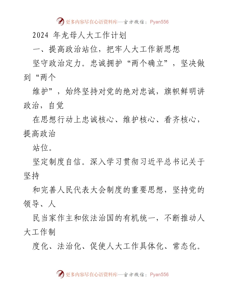 [工作计划] 2024年龙母人大工作 - 提升政治站位，推动经济社会发展与自身建设.docx_第1页