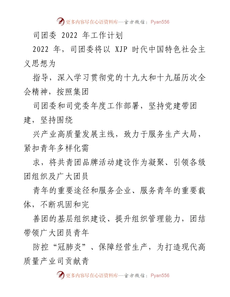 [工作计划] 司团委年度会议 - 2022年司团委工作计划与青年发展战略.docx_第1页