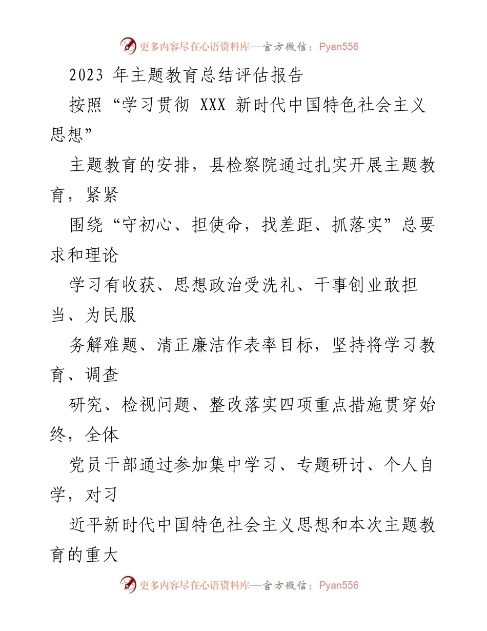 [总结报告] 主题教育总结会 - 2023年主题教育总结评估报告.docx_第1页