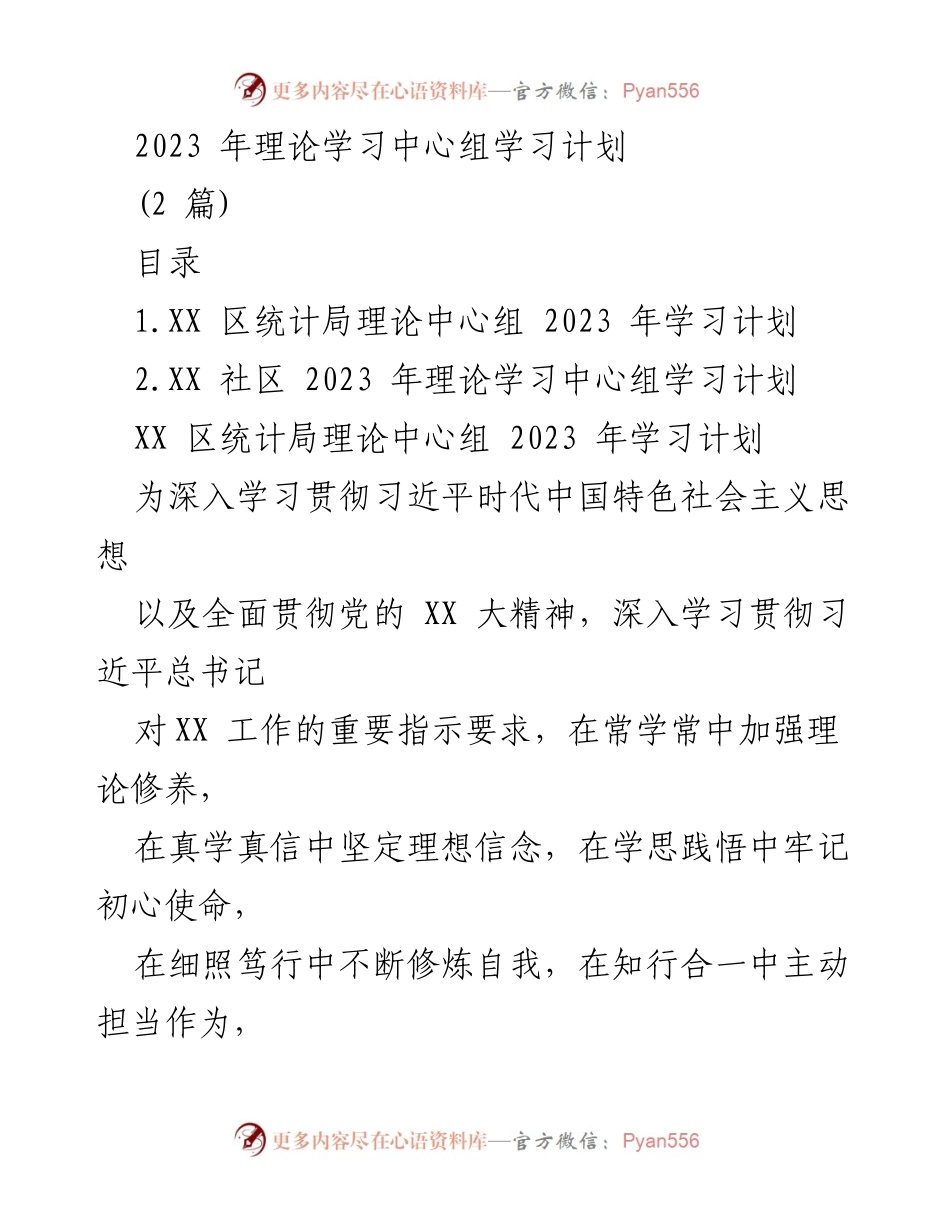 [工作计划] 理论学习 - 2023年XX区统计局理论学习中心组学习计划.docx_第1页