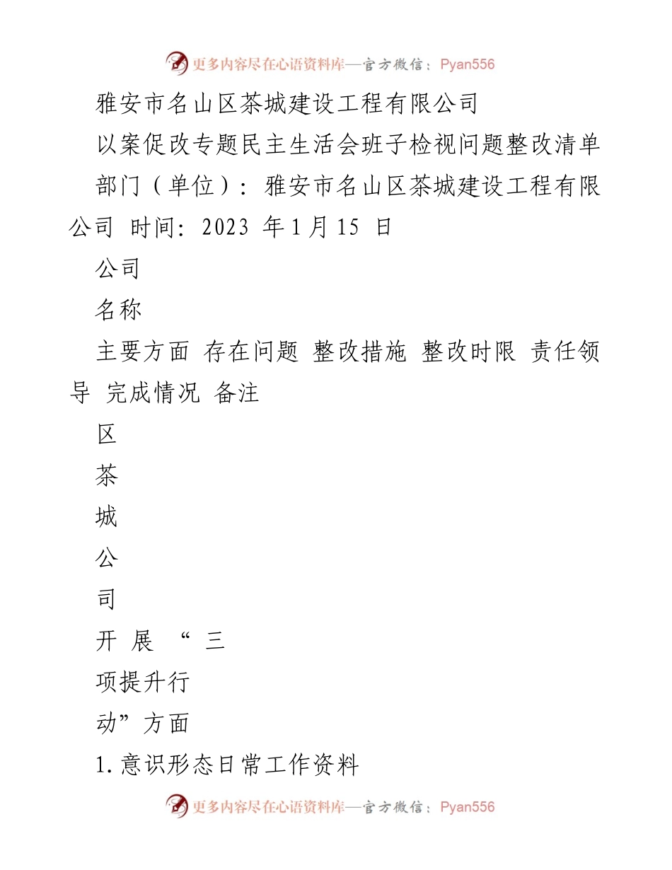 [整改清单] 会议 - 雅安市名山区茶城建设工程有限公司以案促改专题民主生活会整改措施清单.docx_第1页