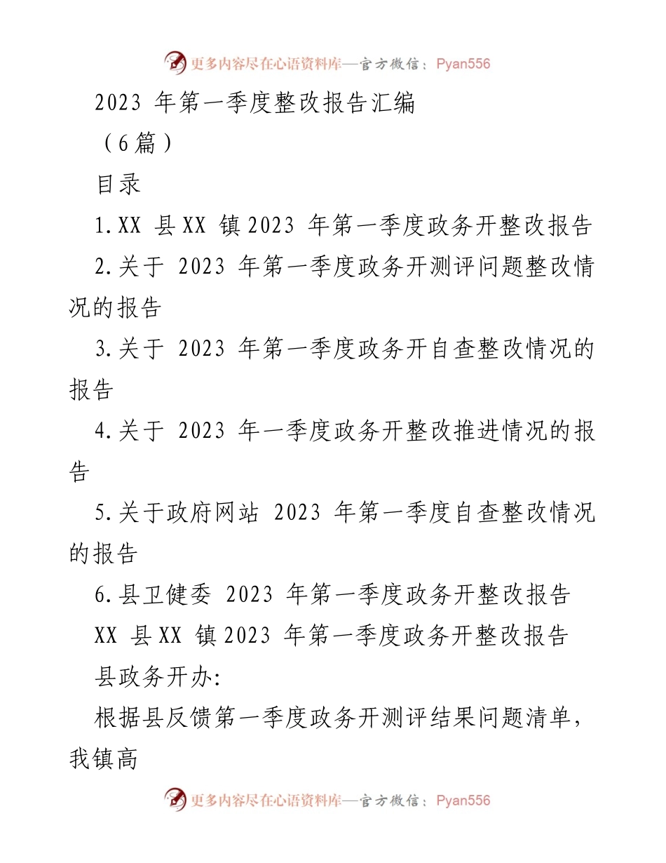 [整改报告] 第一季度政务 - 2023年第一季度政务公开整改情况汇总.docx_第1页
