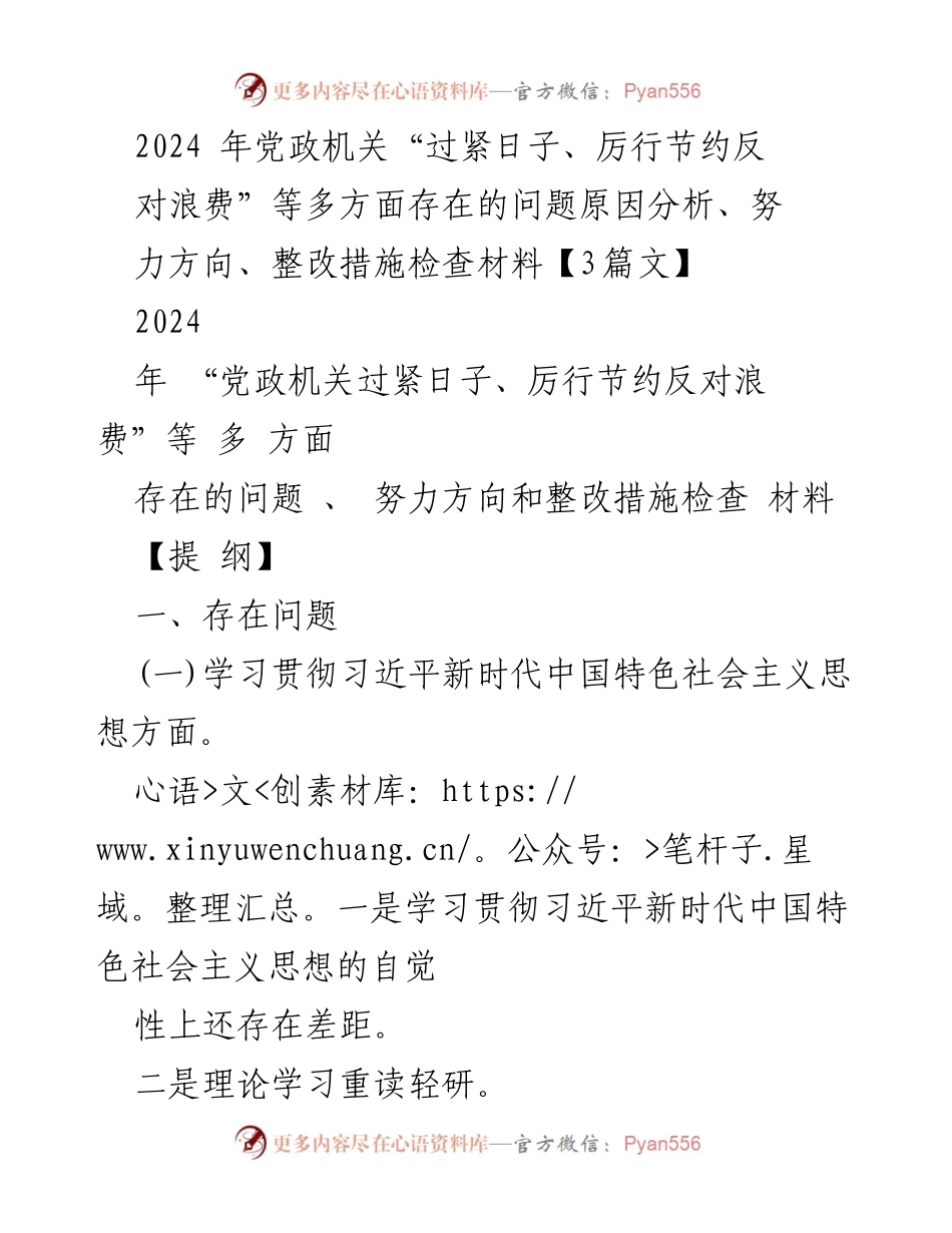 [整改报告] 党政机关会议 - 2024年党政机关厉行节约与反对浪费问题整改措施分析.docx_第1页