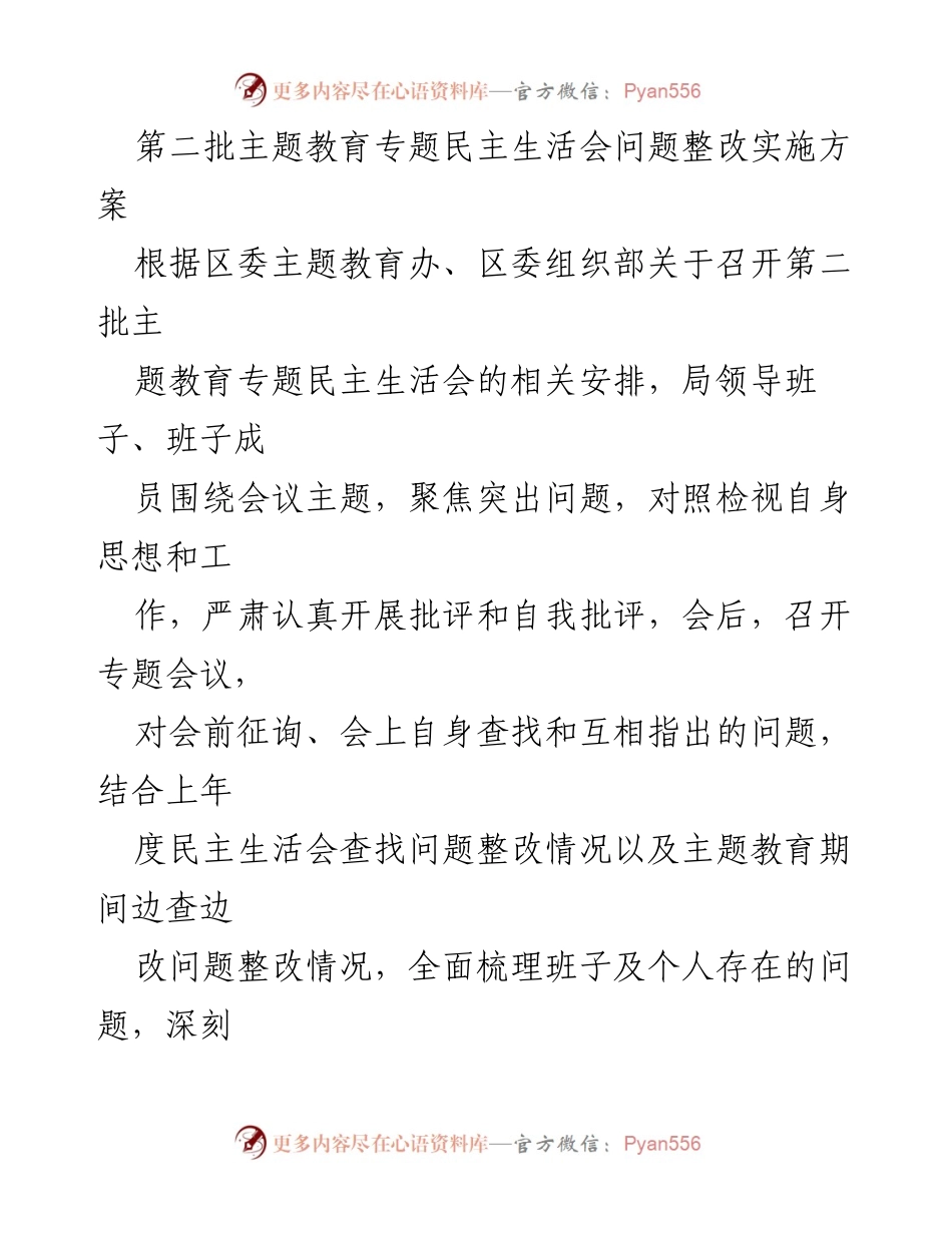 [整改方案] 主题教育专题民主生活会 - 第二批主题教育专题民主生活会问题整改实施方案.docx_第1页
